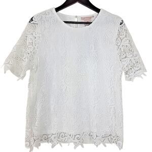 Philosophy Women’s Large White Lace Top NWT Short Sleeve Textured Overlay Blouse
